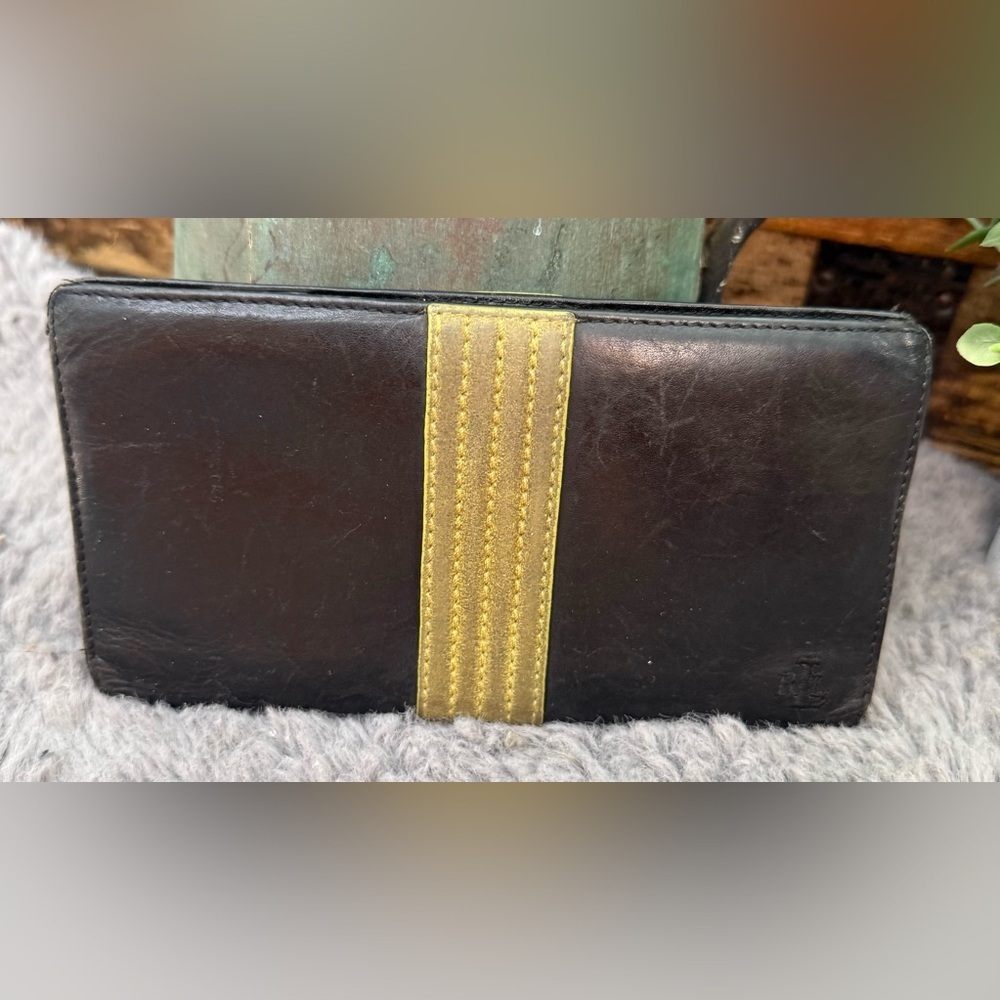 Vintage Ralph Lauren - Black Leather Wallet with Green Suede Accent Strip
